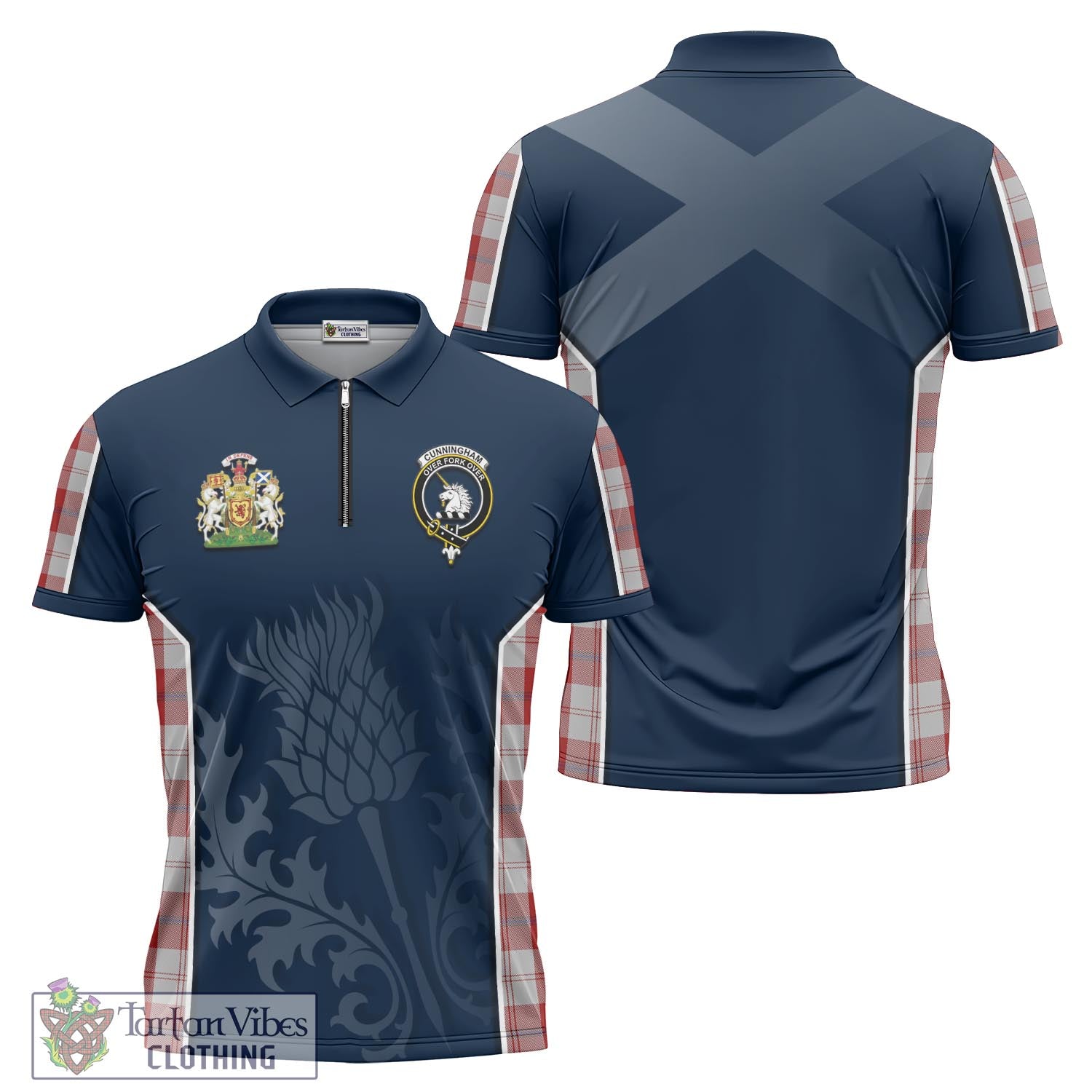 Tartan Vibes Clothing Cunningham Dress Tartan Zipper Polo Shirt with Family Crest and Scottish Thistle Vibes Sport Style