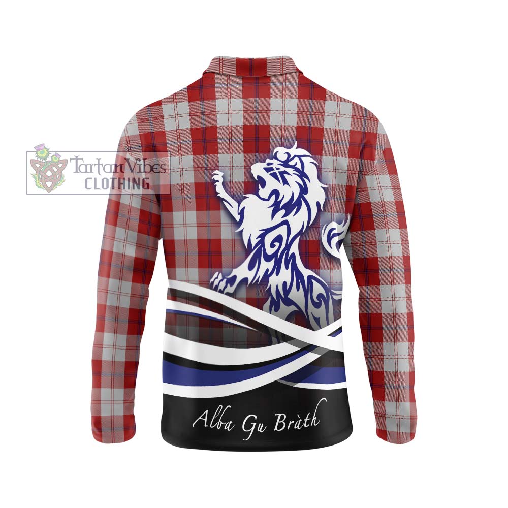 Cunningham Dress Tartan Long Sleeve Polo Shirt with Alba Gu Brath Regal Lion Emblem - Tartanvibesclothing Shop