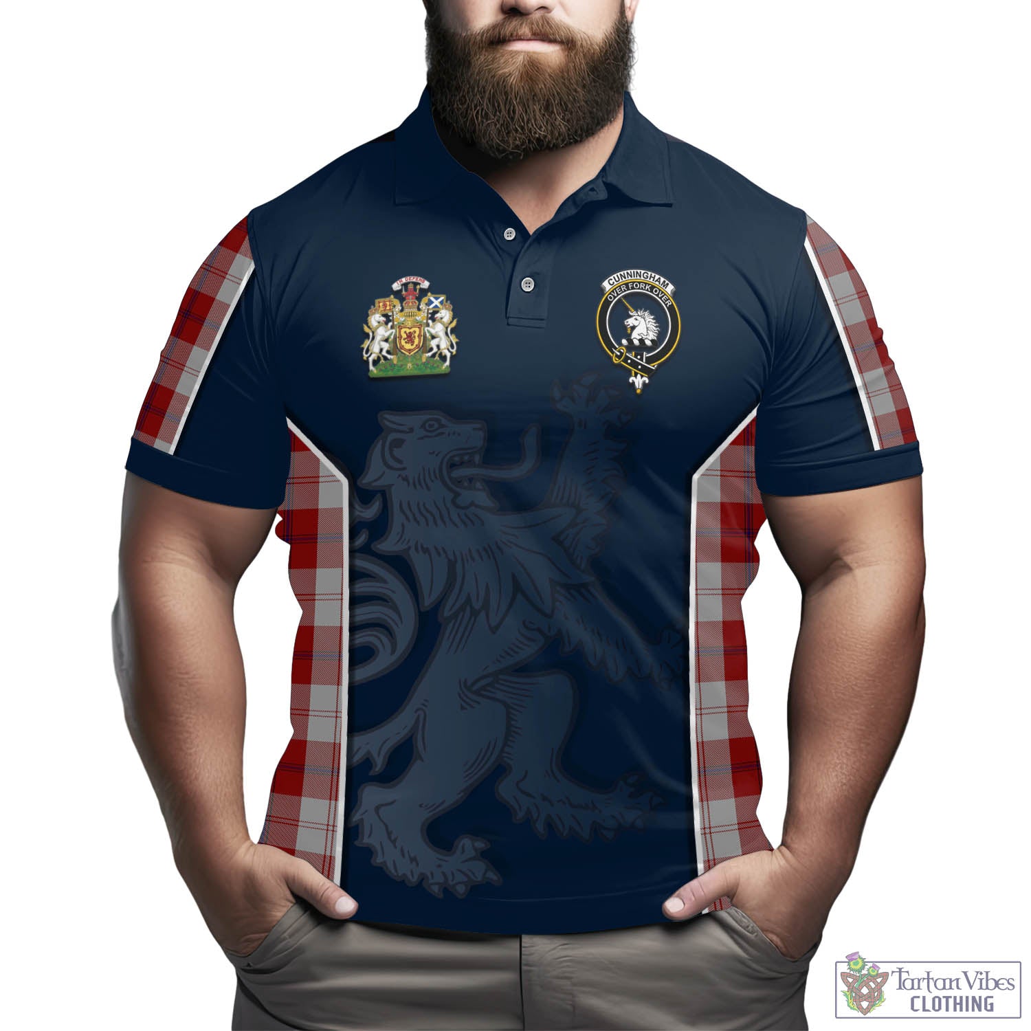 Tartan Vibes Clothing Cunningham Dress Tartan Men's Polo Shirt with Family Crest and Lion Rampant Vibes Sport Style