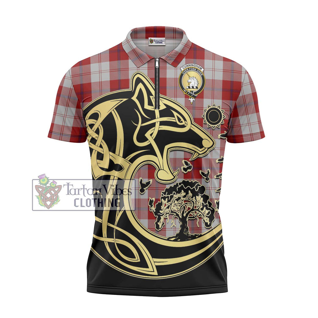 Cunningham Dress Tartan Zipper Polo Shirt with Family Crest Celtic Wolf Style - Tartanvibesclothing Shop