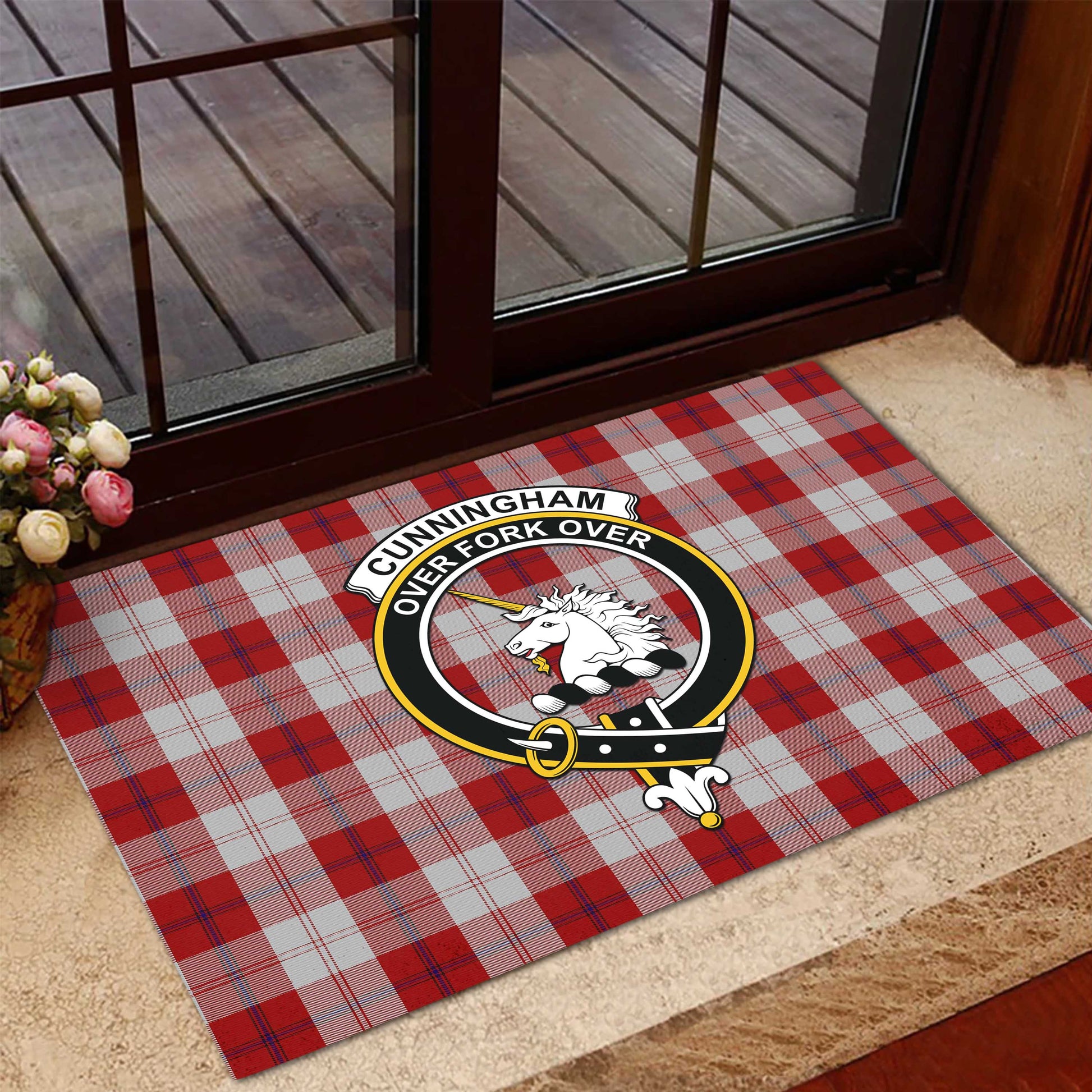 Cunningham Dress Tartan Door Mat with Family Crest - Tartanvibesclothing