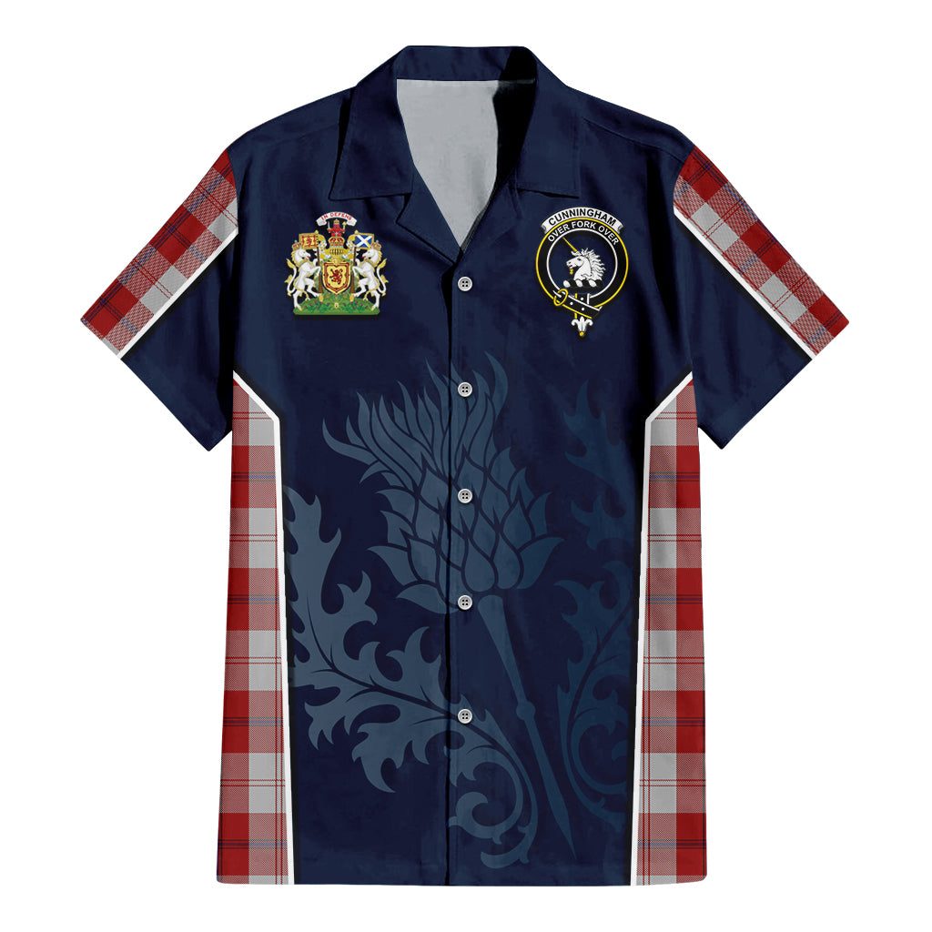 Tartan Vibes Clothing Cunningham Dress Tartan Short Sleeve Button Up Shirt with Family Crest and Scottish Thistle Vibes Sport Style