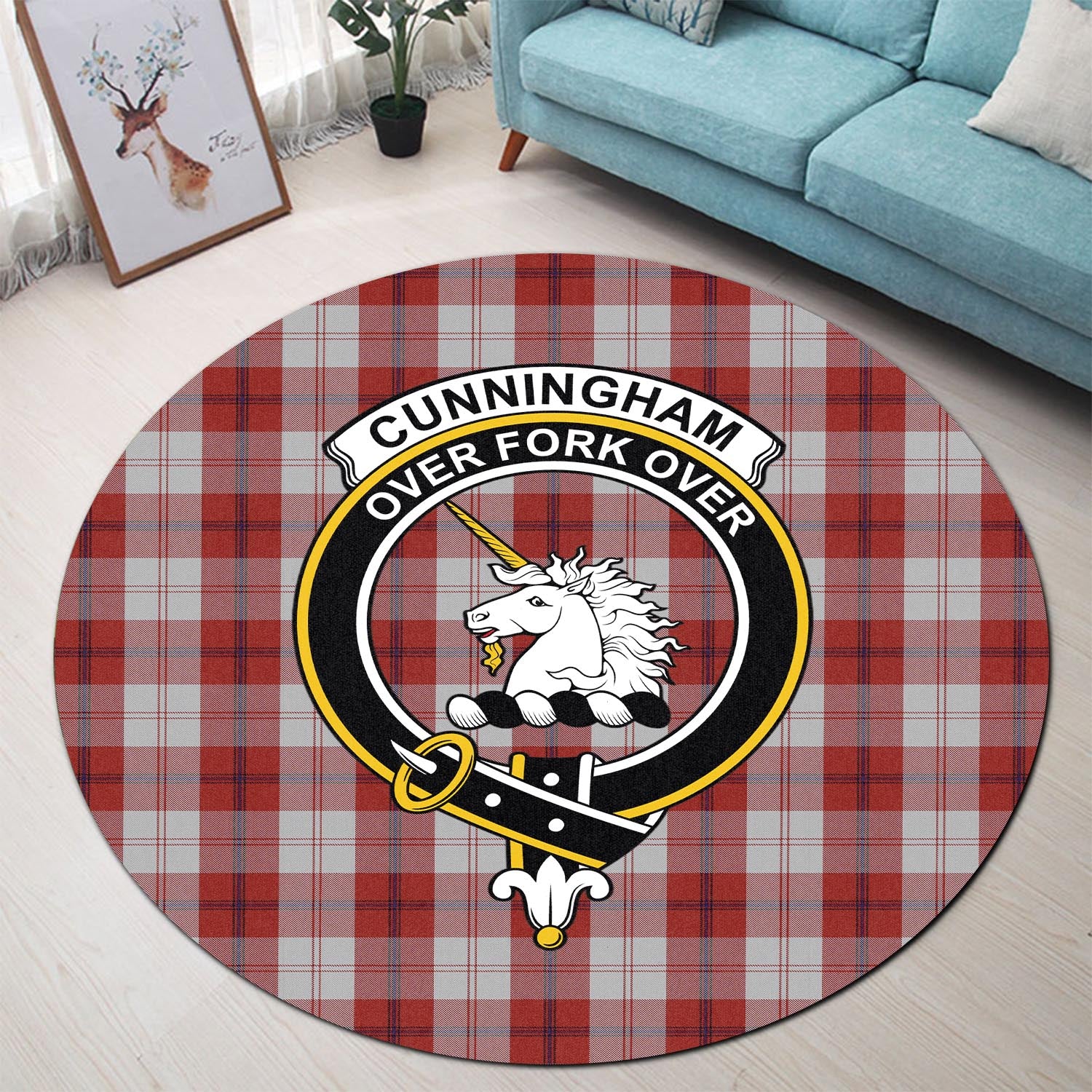 Cunningham Dress Tartan Round Rug with Family Crest - Tartanvibesclothing