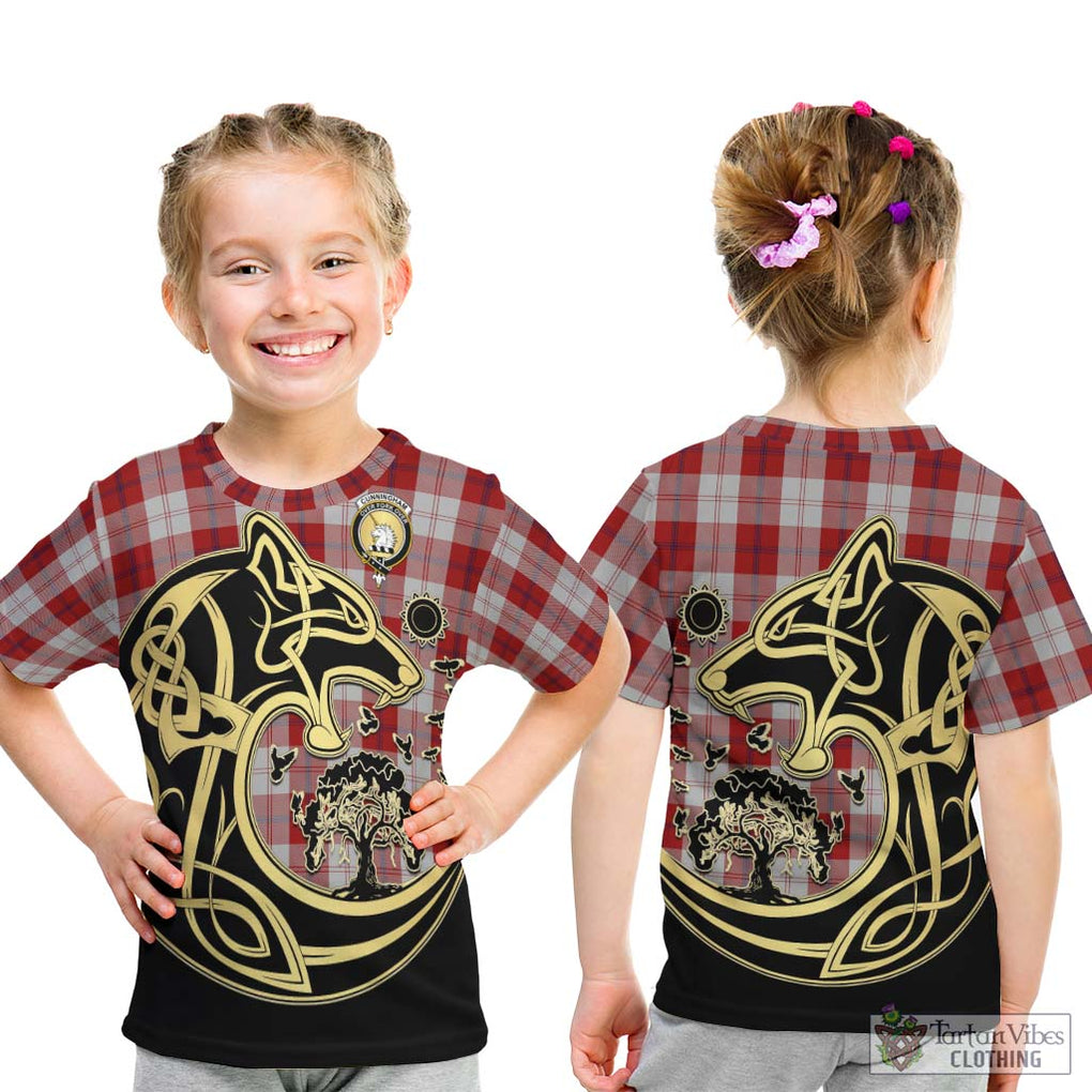 Cunningham Dress Tartan Kid T-Shirt with Family Crest Celtic Wolf Style - Tartan Vibes Clothing