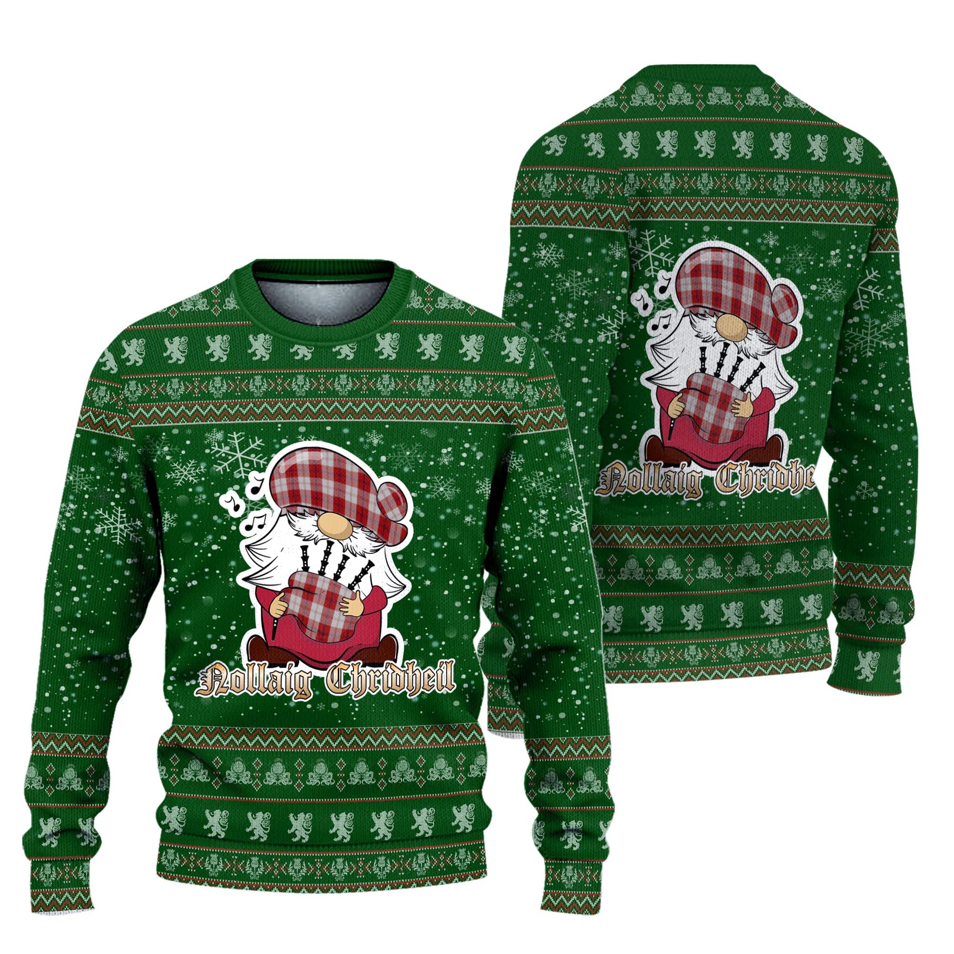 Cunningham Dress Clan Christmas Family Knitted Sweater with Funny Gnome Playing Bagpipes Unisex Green - Tartanvibesclothing