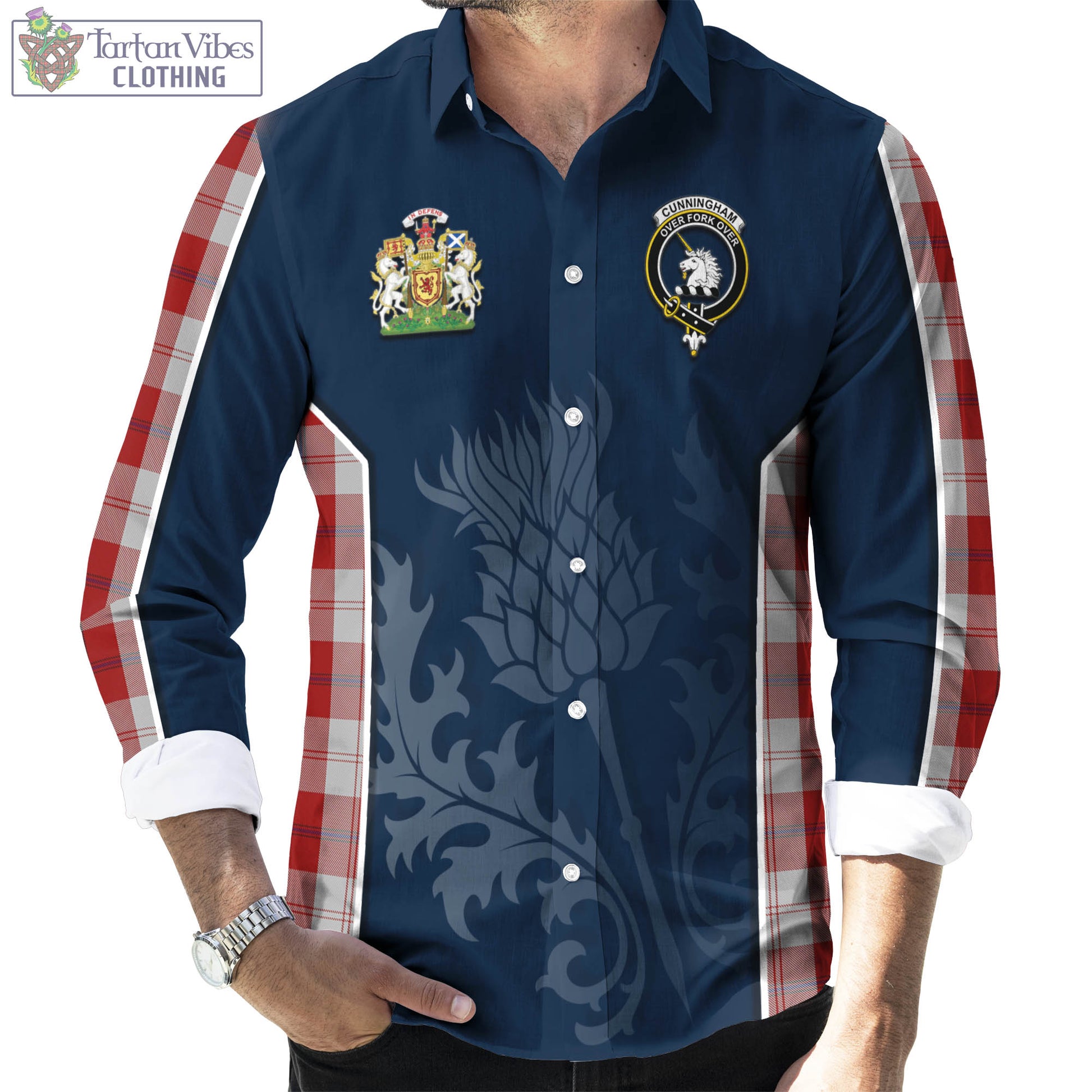 Tartan Vibes Clothing Cunningham Dress Tartan Long Sleeve Button Up Shirt with Family Crest and Scottish Thistle Vibes Sport Style