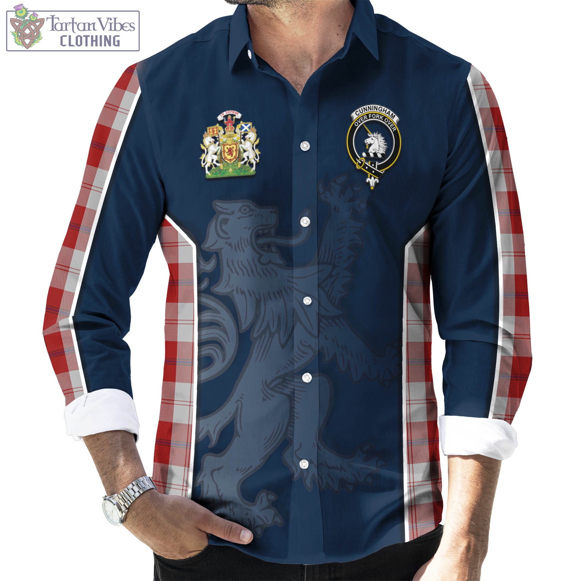 Tartan Vibes Clothing Cunningham Dress Tartan Long Sleeve Button Up Shirt with Family Crest and Lion Rampant Vibes Sport Style