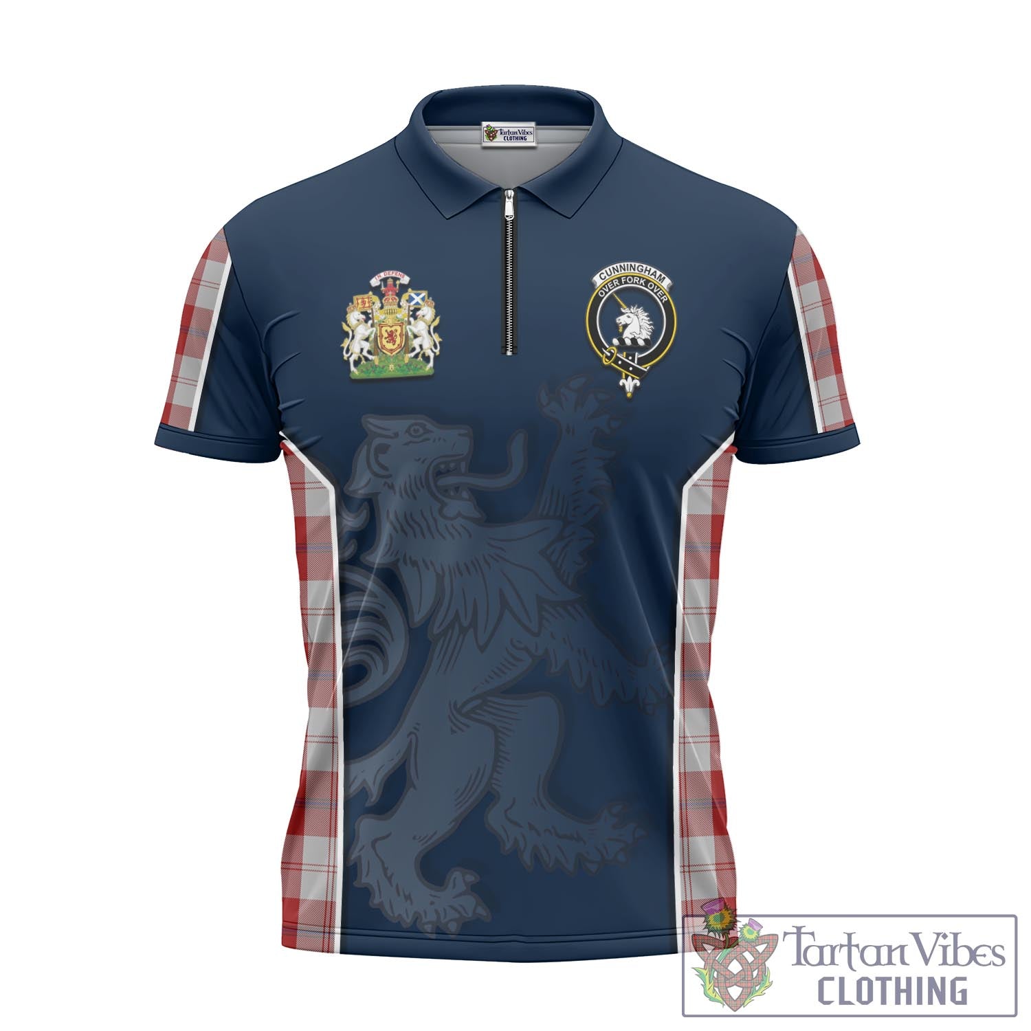 Tartan Vibes Clothing Cunningham Dress Tartan Zipper Polo Shirt with Family Crest and Lion Rampant Vibes Sport Style