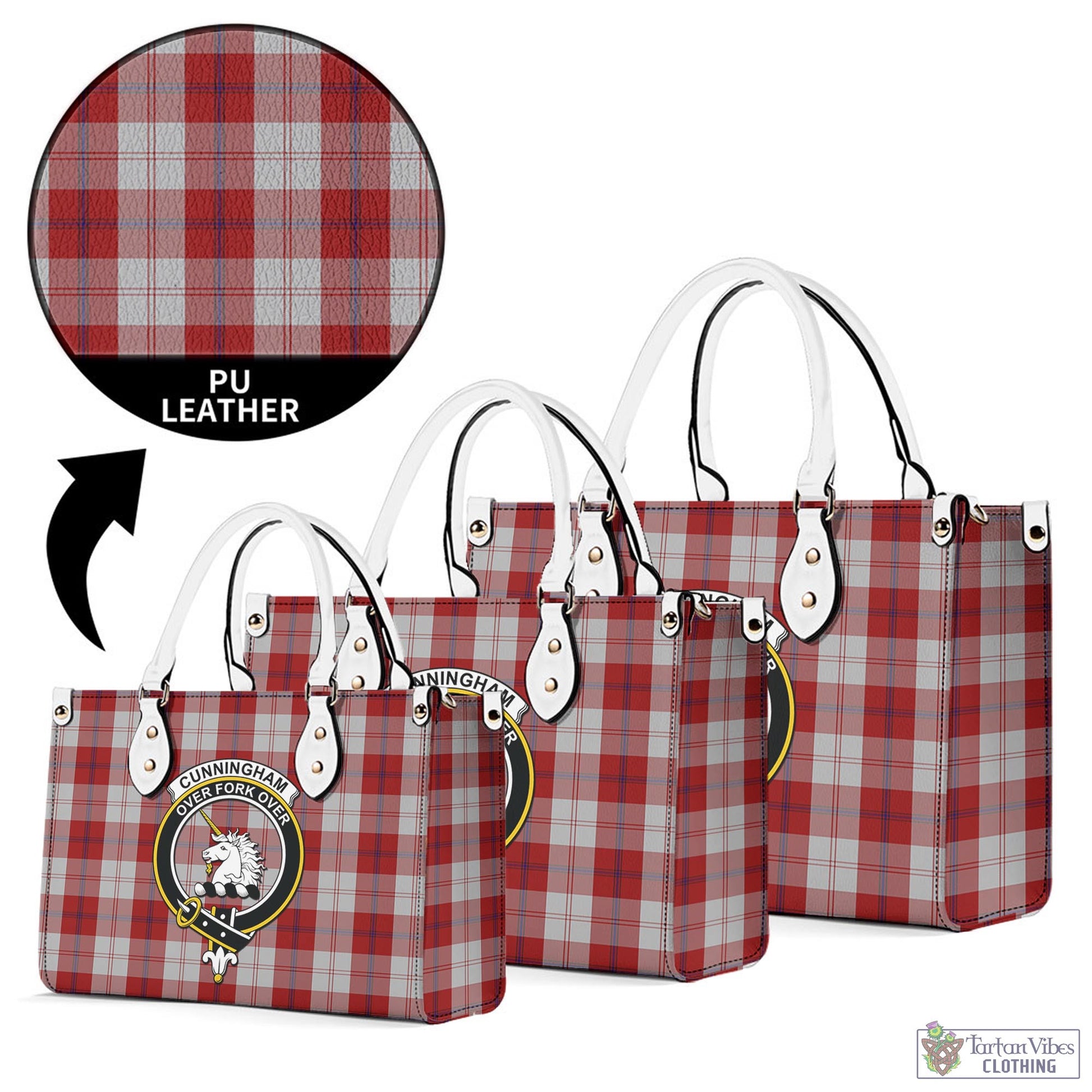 Tartan Vibes Clothing Cunningham Dress Tartan Luxury Leather Handbags with Family Crest