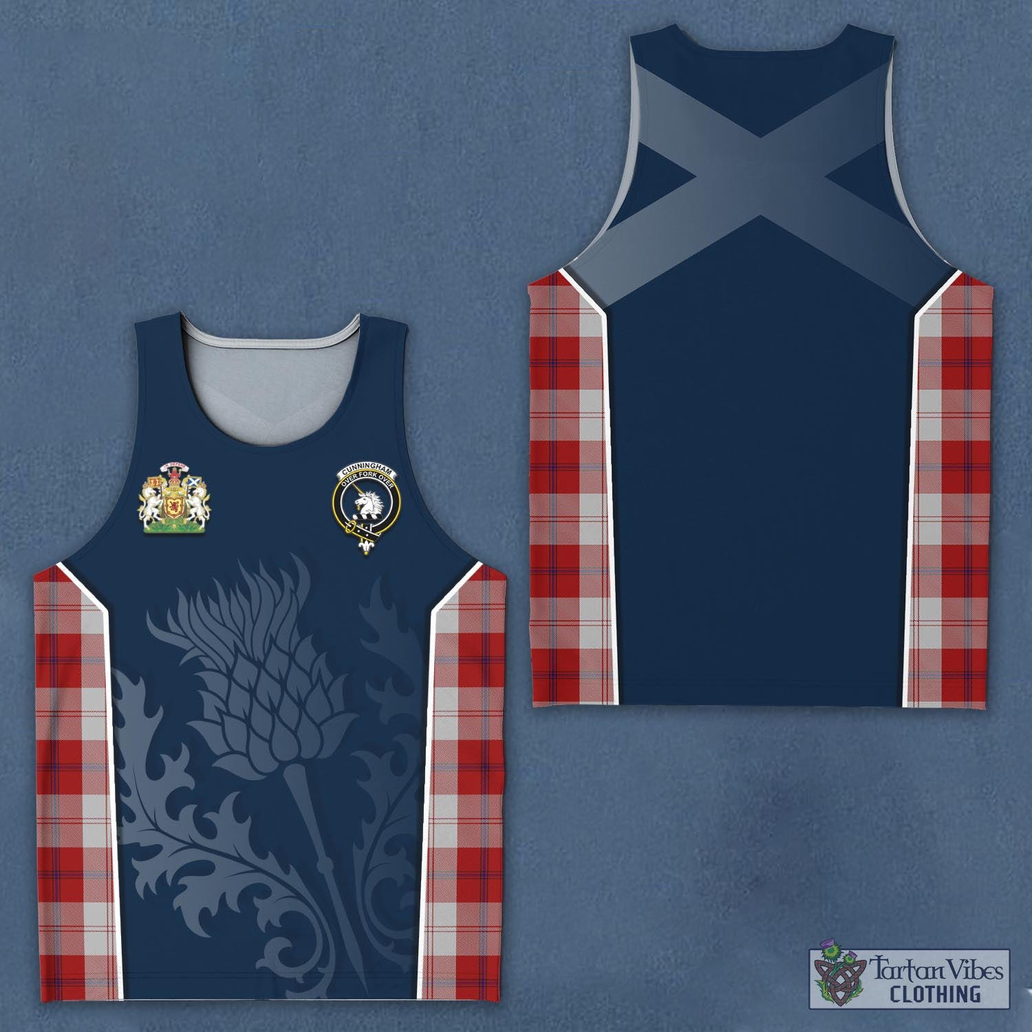 Tartan Vibes Clothing Cunningham Dress Tartan Men's Tanks Top with Family Crest and Scottish Thistle Vibes Sport Style