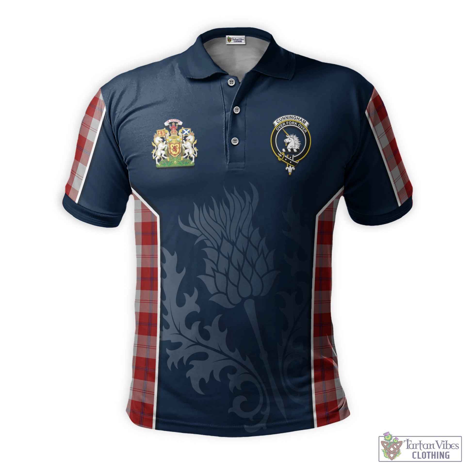 Tartan Vibes Clothing Cunningham Dress Tartan Men's Polo Shirt with Family Crest and Scottish Thistle Vibes Sport Style