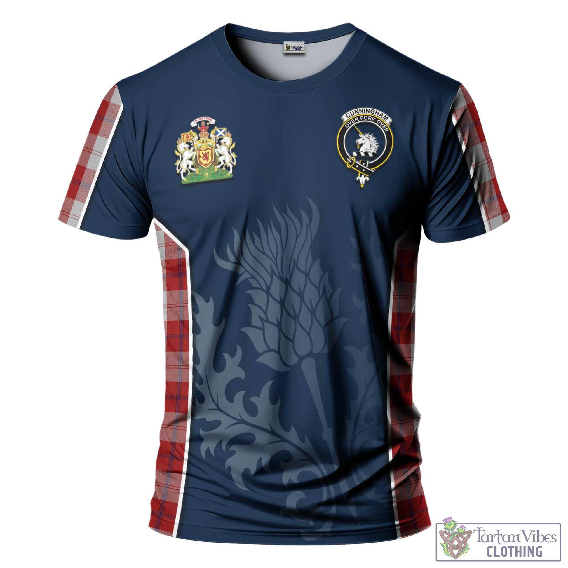 Tartan Vibes Clothing Cunningham Dress Tartan T-Shirt with Family Crest and Scottish Thistle Vibes Sport Style