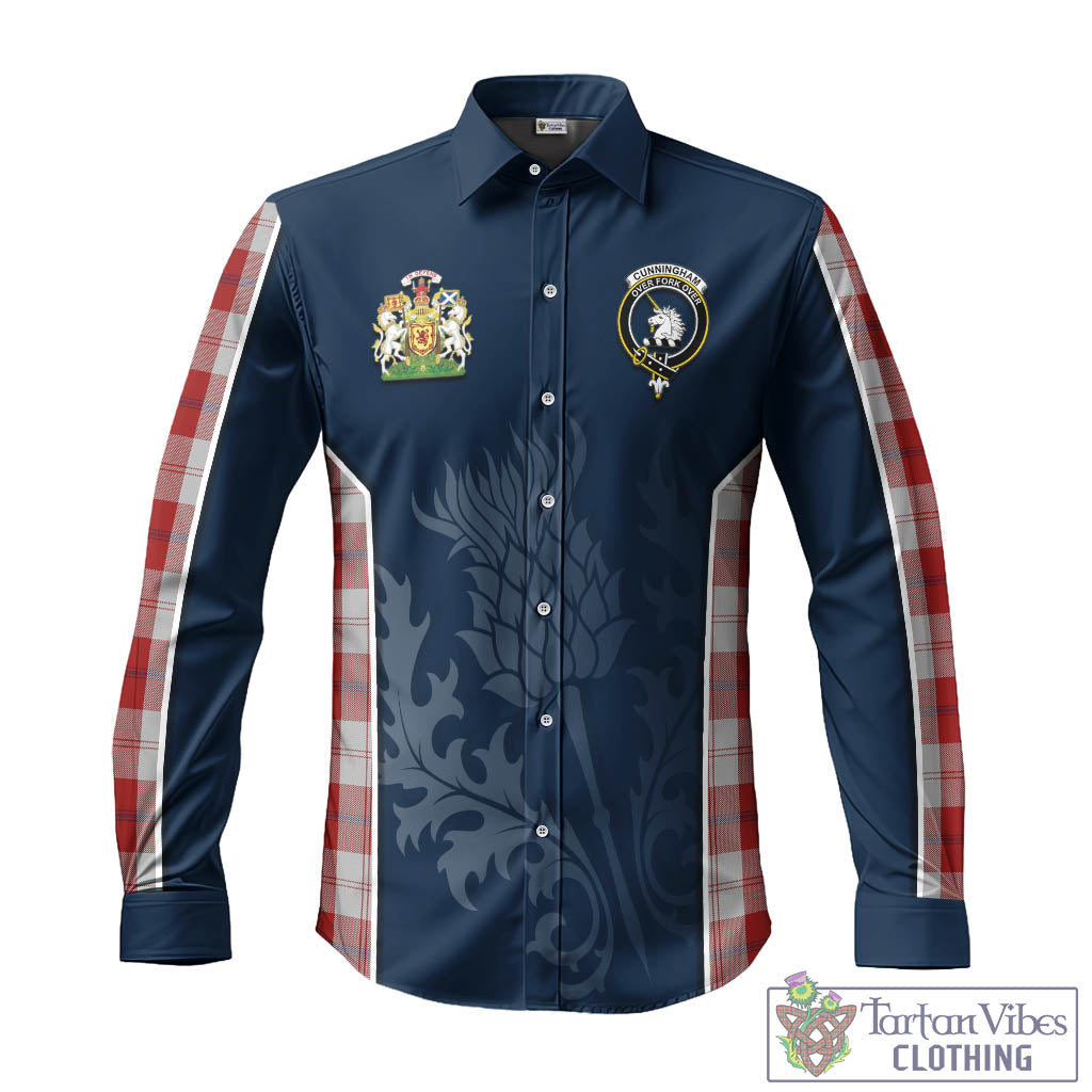 Tartan Vibes Clothing Cunningham Dress Tartan Long Sleeve Button Up Shirt with Family Crest and Scottish Thistle Vibes Sport Style