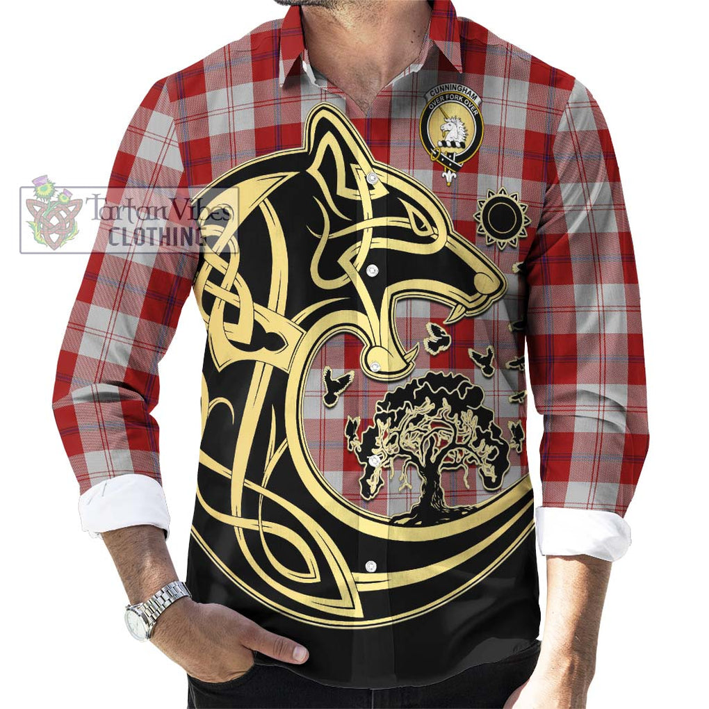 Cunningham Dress Tartan Long Sleeve Button Shirt with Family Crest Celtic Wolf Style - Tartan Vibes Clothing