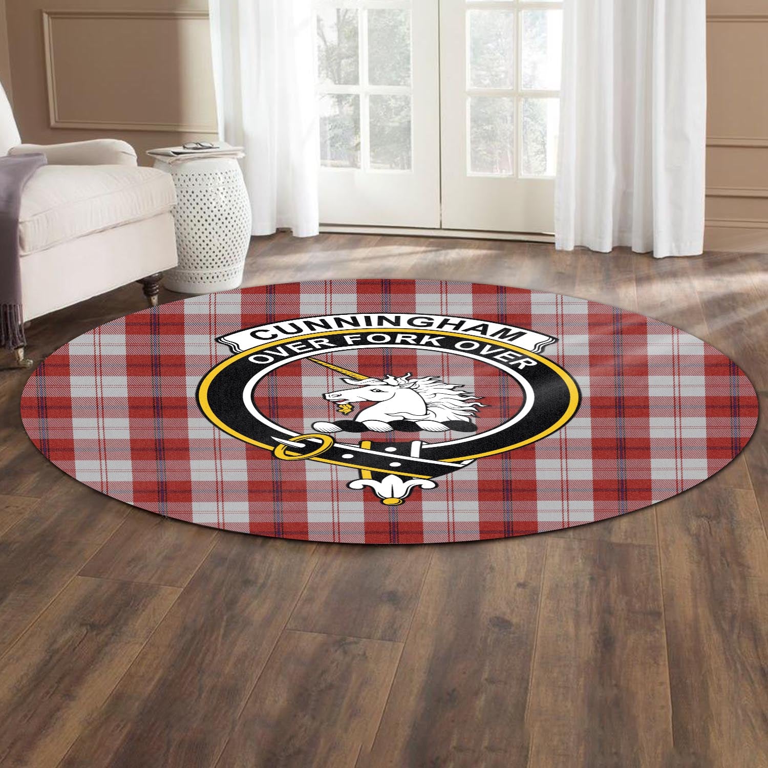 Cunningham Dress Tartan Round Rug with Family Crest - Tartanvibesclothing