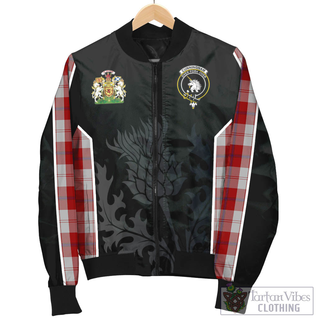 Tartan Vibes Clothing Cunningham Dress Tartan Bomber Jacket with Family Crest and Scottish Thistle Vibes Sport Style