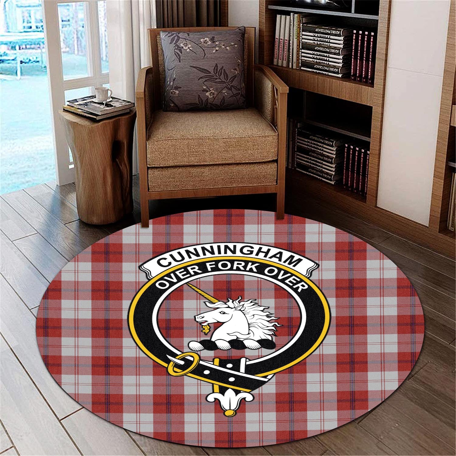 Cunningham Dress Tartan Round Rug with Family Crest - Tartanvibesclothing