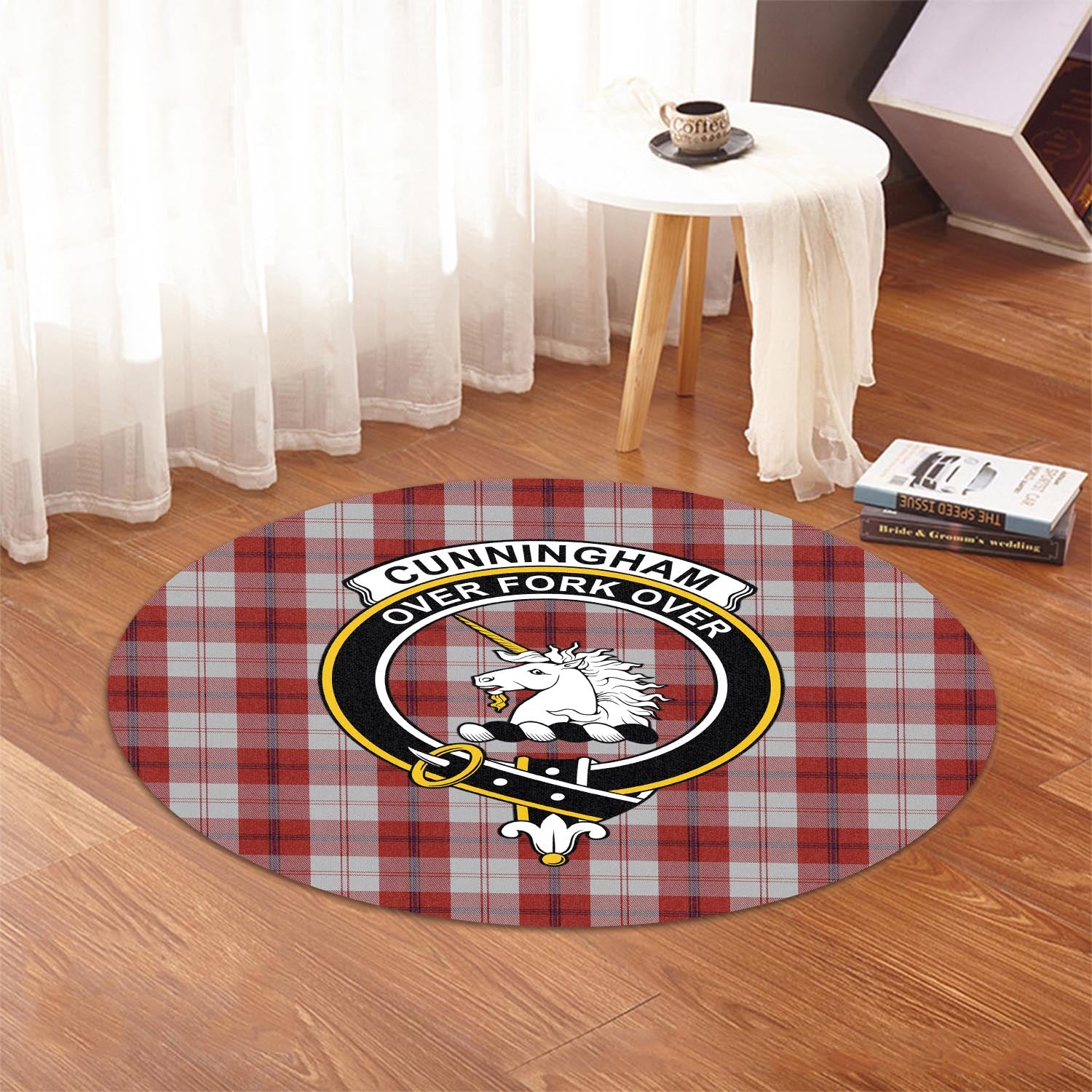 Cunningham Dress Tartan Round Rug with Family Crest - Tartanvibesclothing