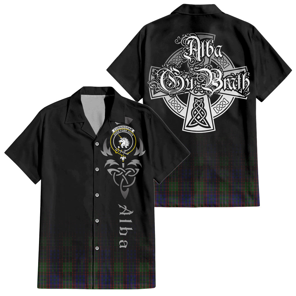 Tartan Vibes Clothing Cunningham Hunting Tartan Short Sleeve Button Up Featuring Alba Gu Brath Family Crest Celtic Inspired