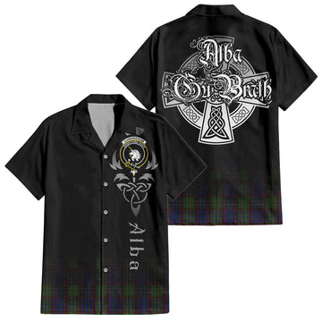 Cunningham Hunting Tartan Short Sleeve Button Up Shirt Featuring Alba Gu Brath Family Crest Celtic Inspired