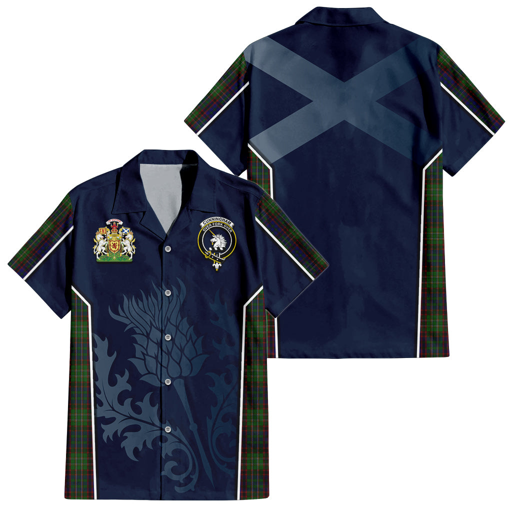 Tartan Vibes Clothing Cunningham Hunting Tartan Short Sleeve Button Up Shirt with Family Crest and Scottish Thistle Vibes Sport Style