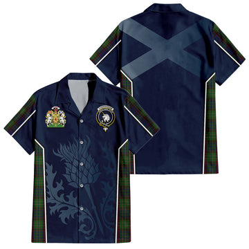 Cunningham Hunting Tartan Short Sleeve Button Up Shirt with Family Crest and Scottish Thistle Vibes Sport Style