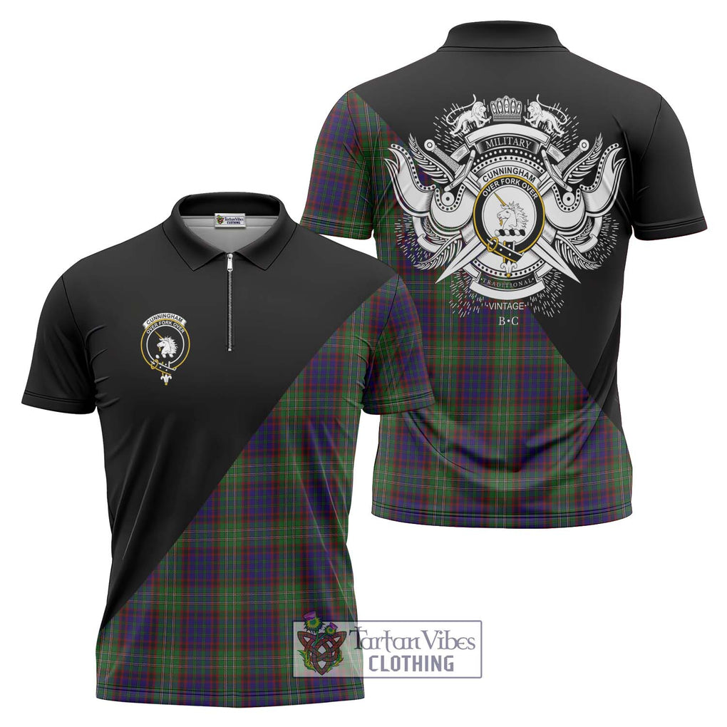 Cunningham Hunting Tartan Zipper Polo Shirt with Family Crest and Military Logo Style Unisex - Tartanvibesclothing Shop