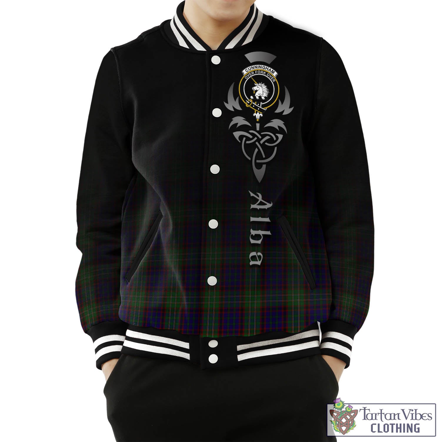 Tartan Vibes Clothing Cunningham Hunting Tartan Baseball Jacket Featuring Alba Gu Brath Family Crest Celtic Inspired