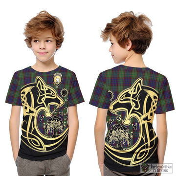 Cunningham Hunting Tartan Kid T-Shirt with Family Crest Celtic Wolf Style