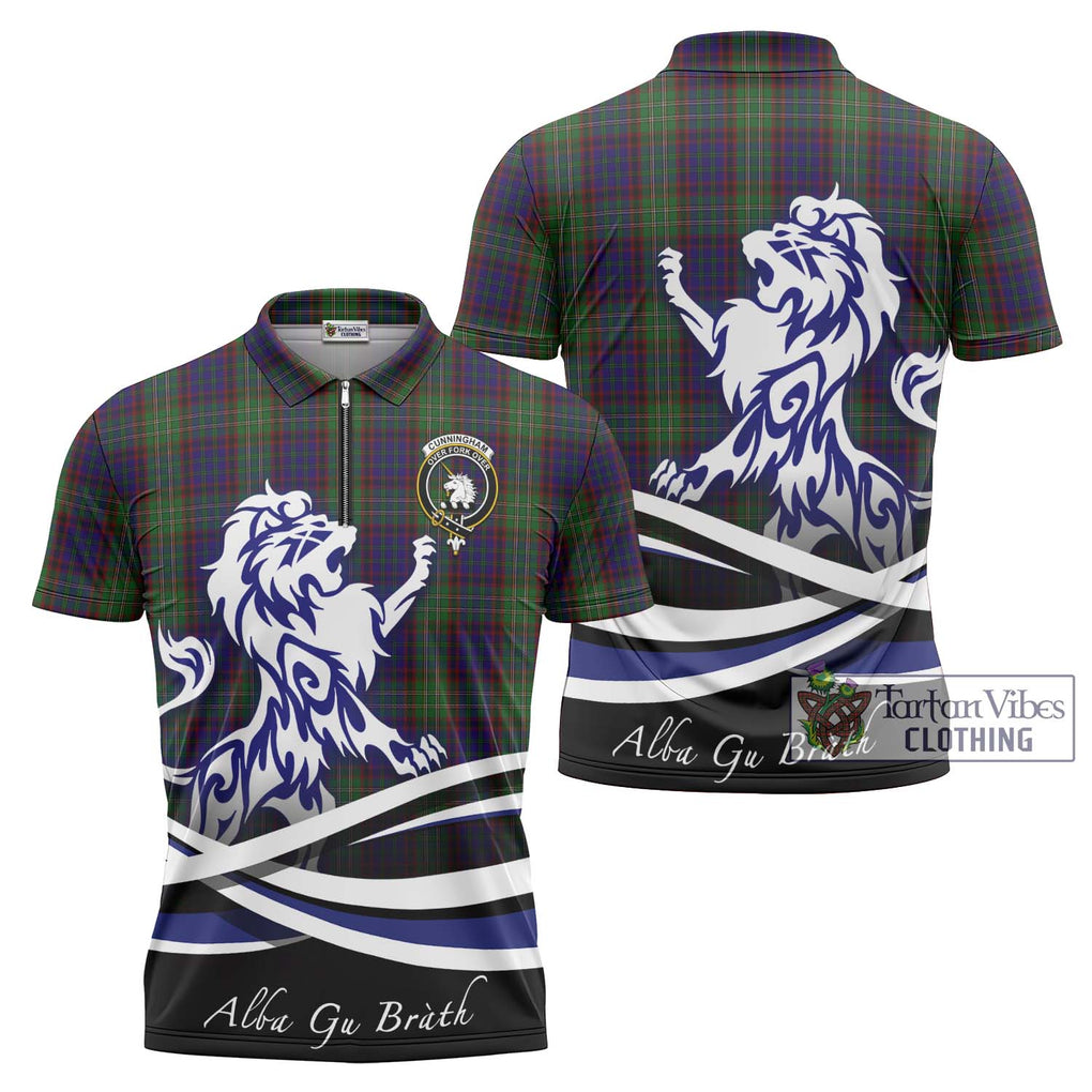 Cunningham Hunting Tartan Zipper Polo Shirt with Alba Gu Brath Regal Lion Emblem Unisex - Tartanvibesclothing Shop