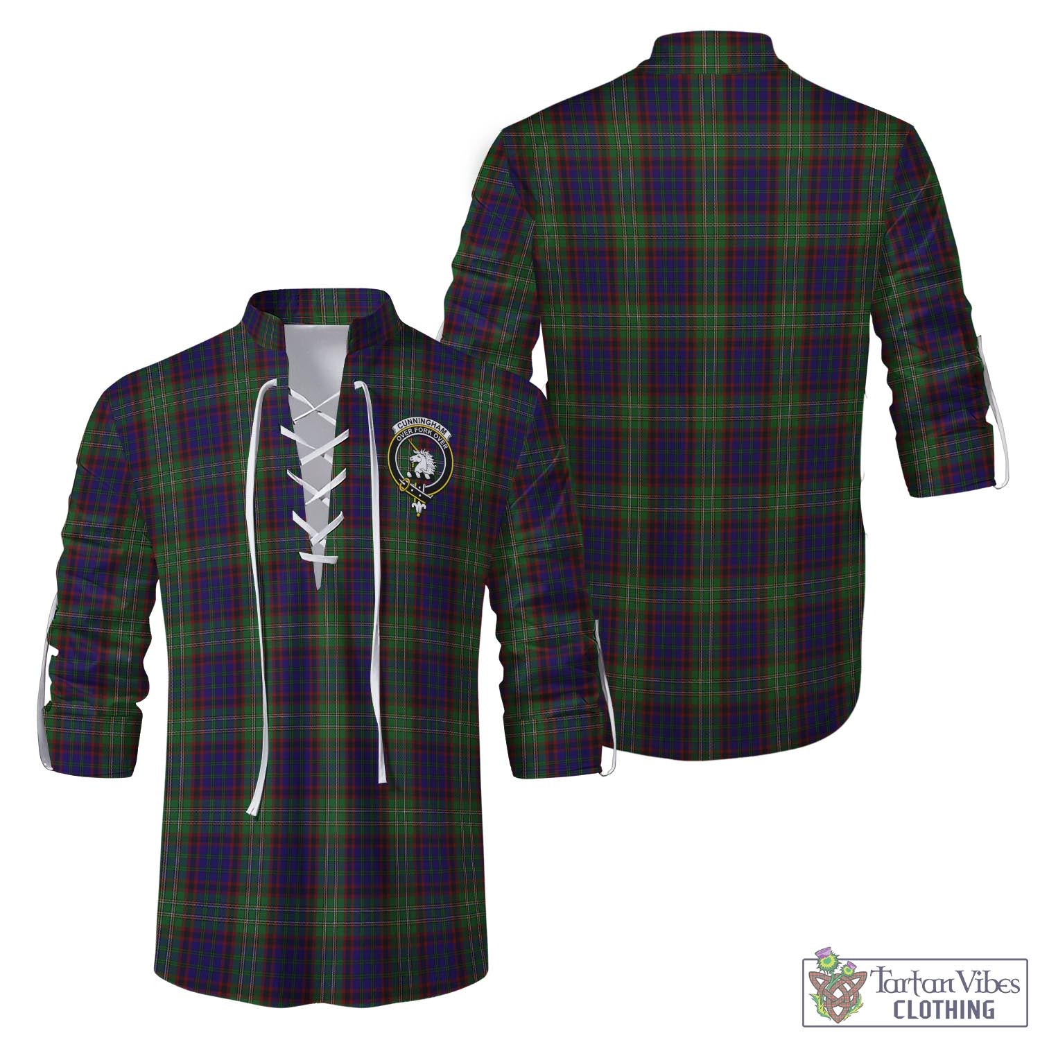 Tartan Vibes Clothing Cunningham Hunting Tartan Men's Scottish Traditional Jacobite Ghillie Kilt Shirt with Family Crest