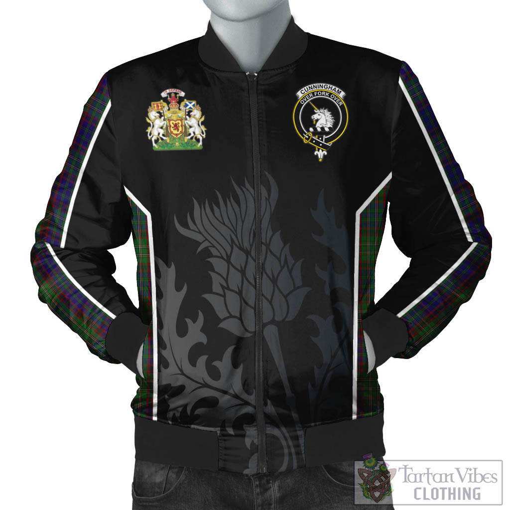 Tartan Vibes Clothing Cunningham Hunting Tartan Bomber Jacket with Family Crest and Scottish Thistle Vibes Sport Style