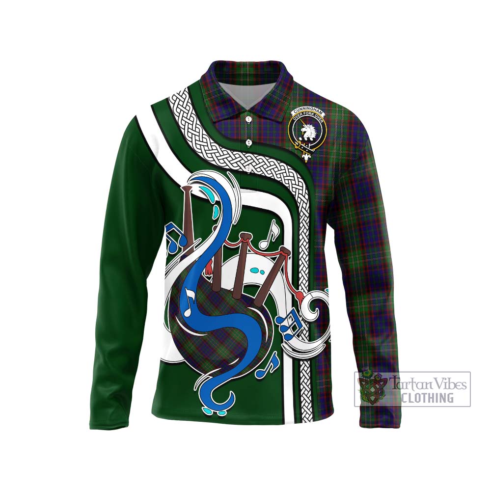 Tartan Vibes Clothing Cunningham Hunting Tartan Long Sleeve Polo Shirt with Epic Bagpipe Style