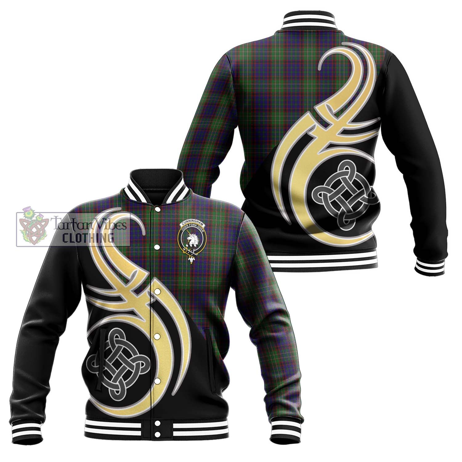 Cunningham Hunting Tartan Baseball Jacket with Family Crest and Celtic Symbol Style Unisex - Tartan Vibes Clothing