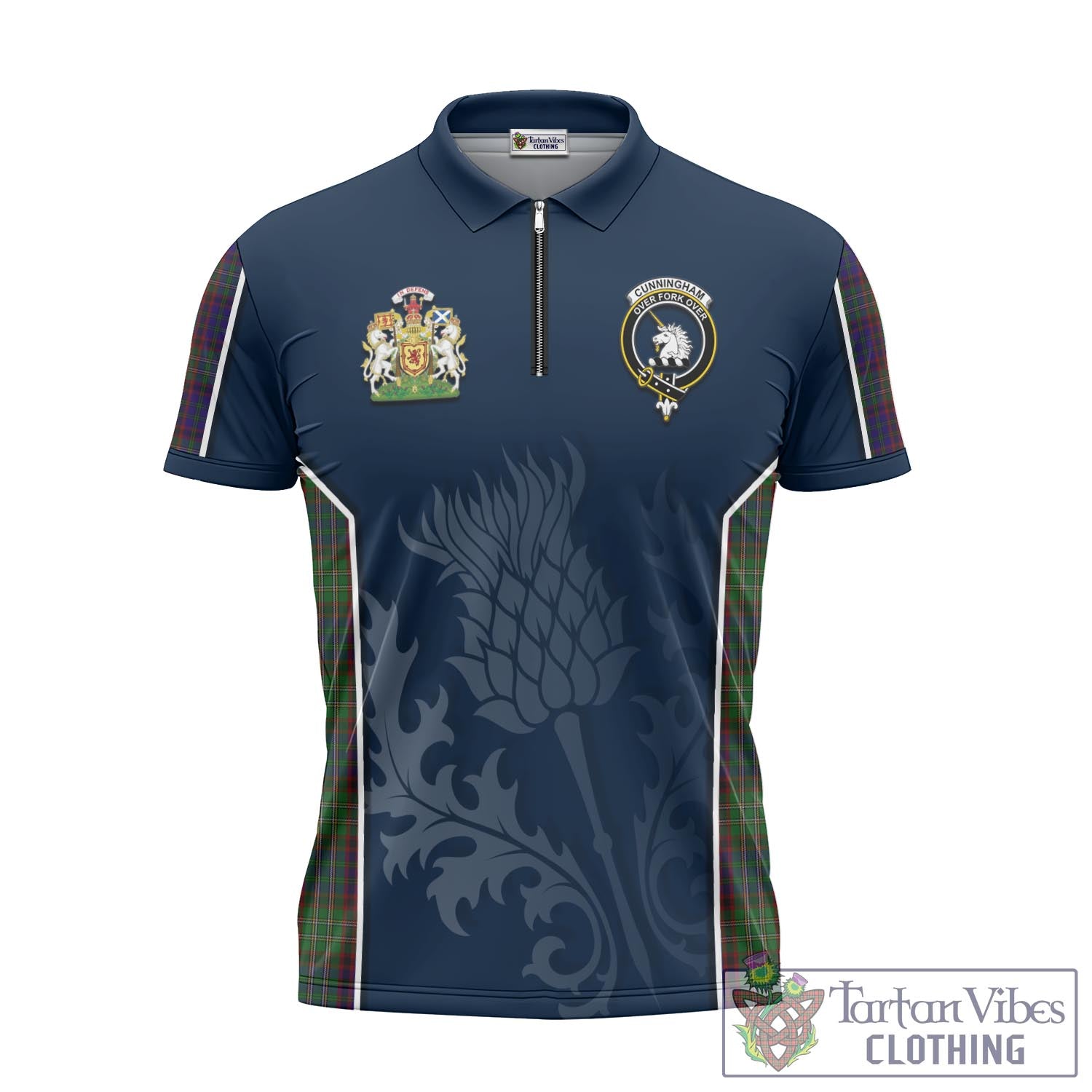 Tartan Vibes Clothing Cunningham Hunting Tartan Zipper Polo Shirt with Family Crest and Scottish Thistle Vibes Sport Style