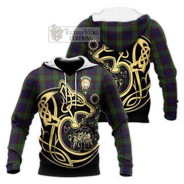 Cunningham Hunting Tartan Knitted Hoodie with Family Crest Celtic Wolf Style