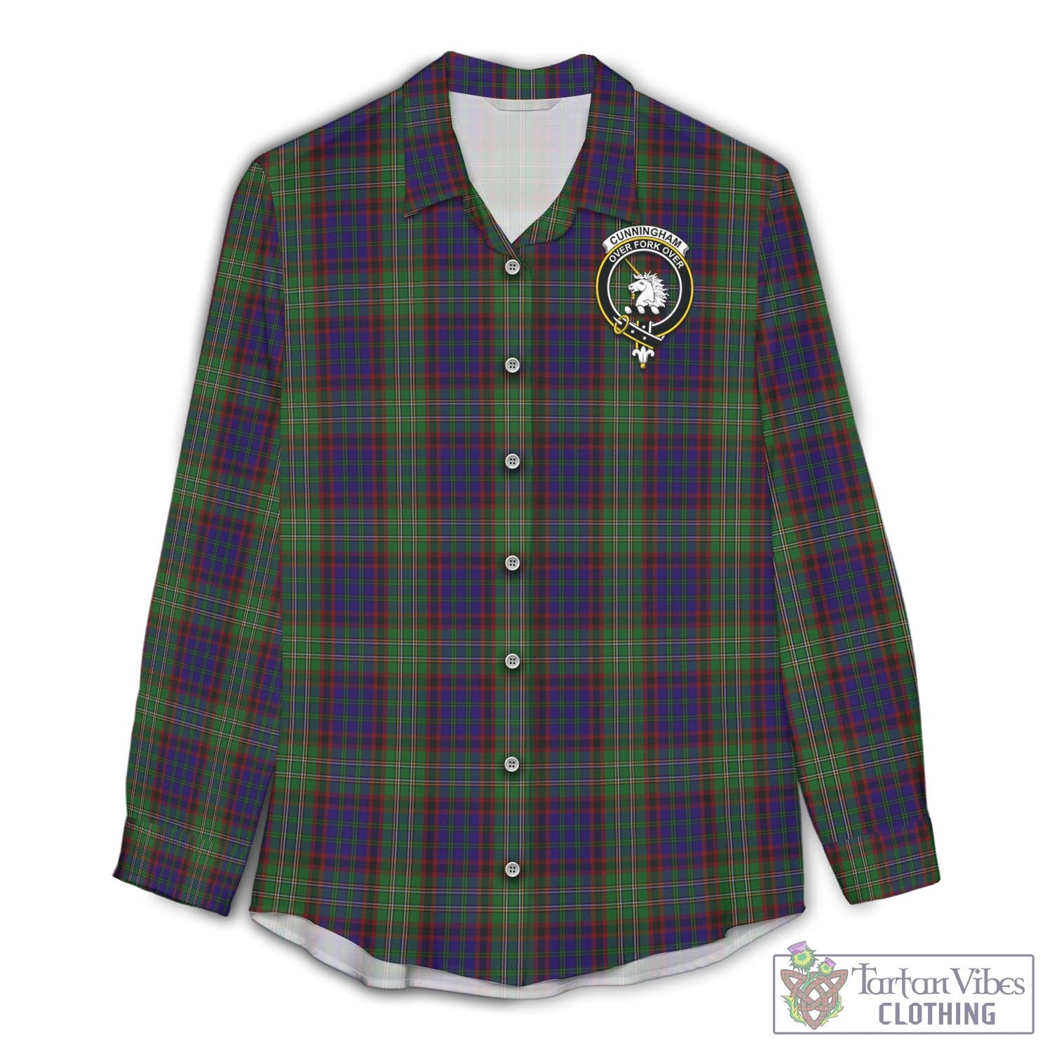 Tartan Vibes Clothing Cunningham Hunting Tartan Womens Casual Shirt with Family Crest