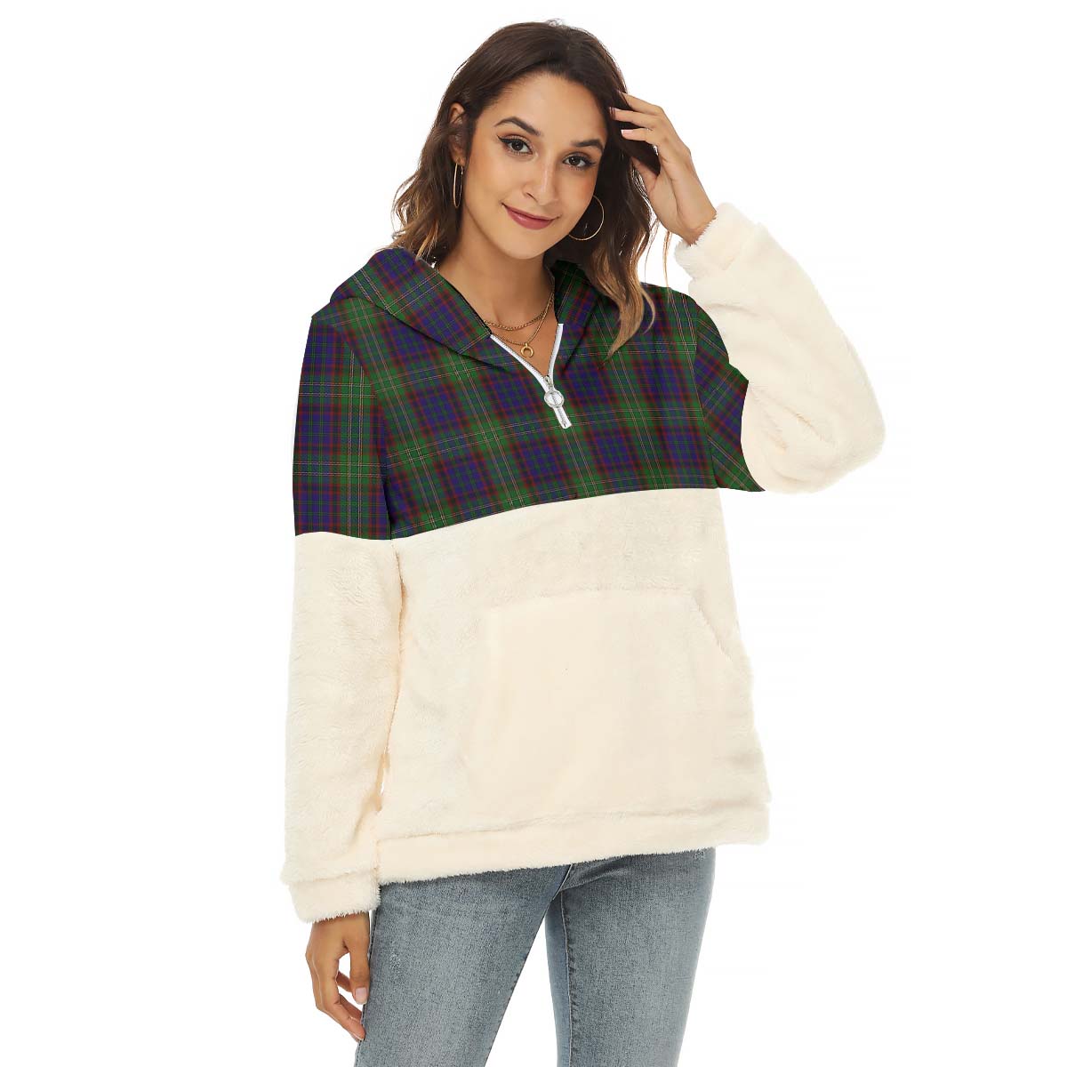 Cunningham Hunting Tartan Women's Borg Fleece Hoodie With Half Zip Female - Tartanvibesclothing