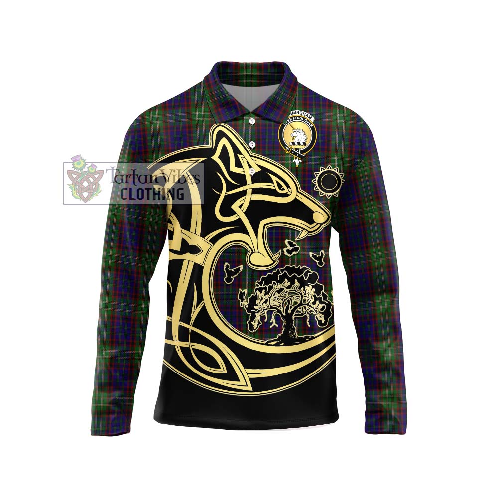 Cunningham Hunting Tartan Long Sleeve Polo Shirt with Family Crest Celtic Wolf Style Unisex - Tartanvibesclothing Shop