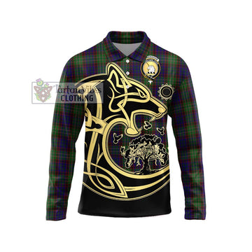 Cunningham Hunting Tartan Long Sleeve Polo Shirt with Family Crest Celtic Wolf Style