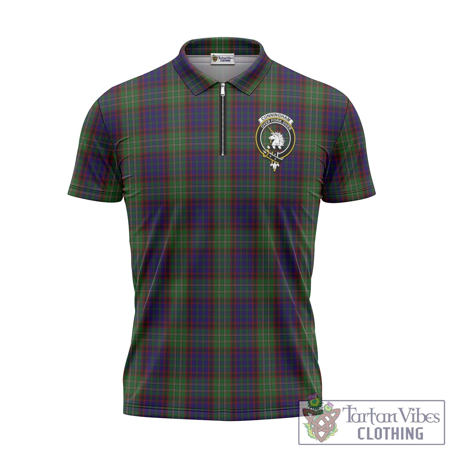 Tartan Vibes Clothing Cunningham Hunting Tartan Zipper Polo Shirt with Family Crest