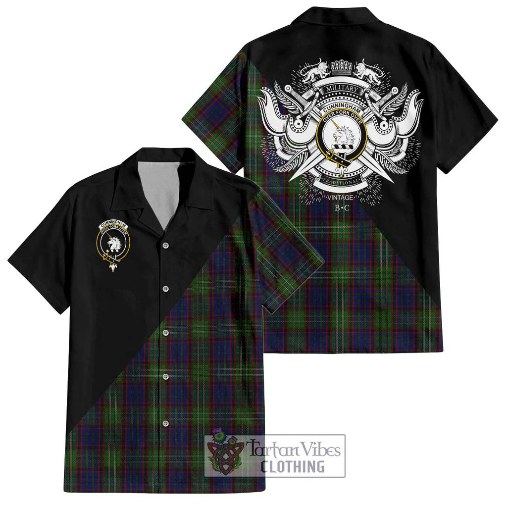 Cunningham Hunting Tartan Short Sleeve Button Shirt with Family Crest and Military Logo Style Kid - Tartanvibesclothing Shop