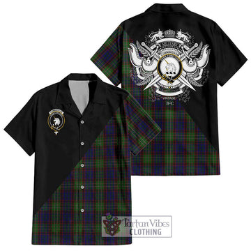 Cunningham Hunting Tartan Short Sleeve Button Shirt with Family Crest and Military Logo Style