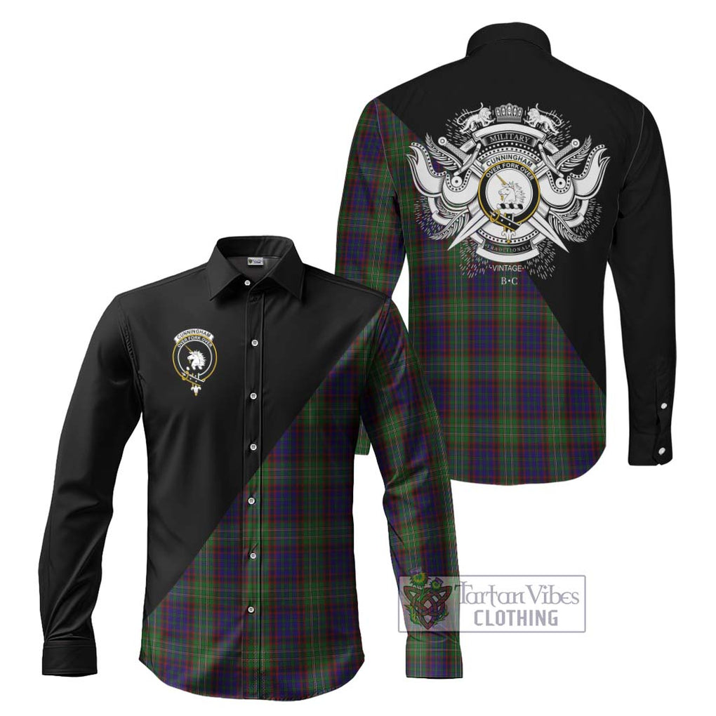 Cunningham Hunting Tartan Long Sleeve Button Shirt with Family Crest and Military Logo Style Men's Shirt S - Tartanvibesclothing Shop