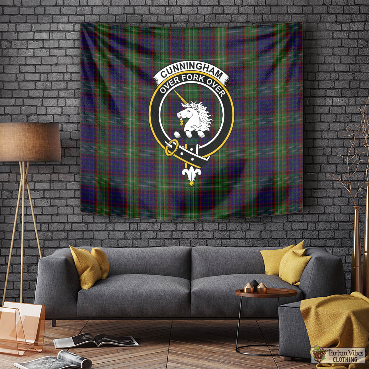 Tartan Vibes Clothing Cunningham Hunting Tartan Tapestry Wall Hanging and Home Decor for Room with Family Crest