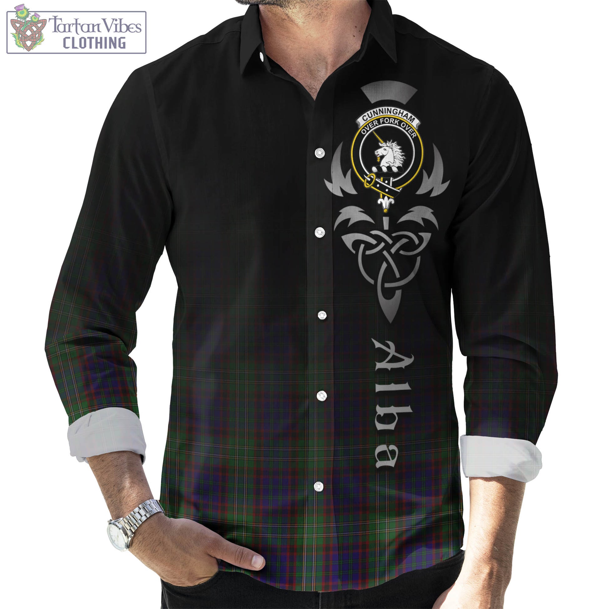 Tartan Vibes Clothing Cunningham Hunting Tartan Long Sleeve Button Up Featuring Alba Gu Brath Family Crest Celtic Inspired