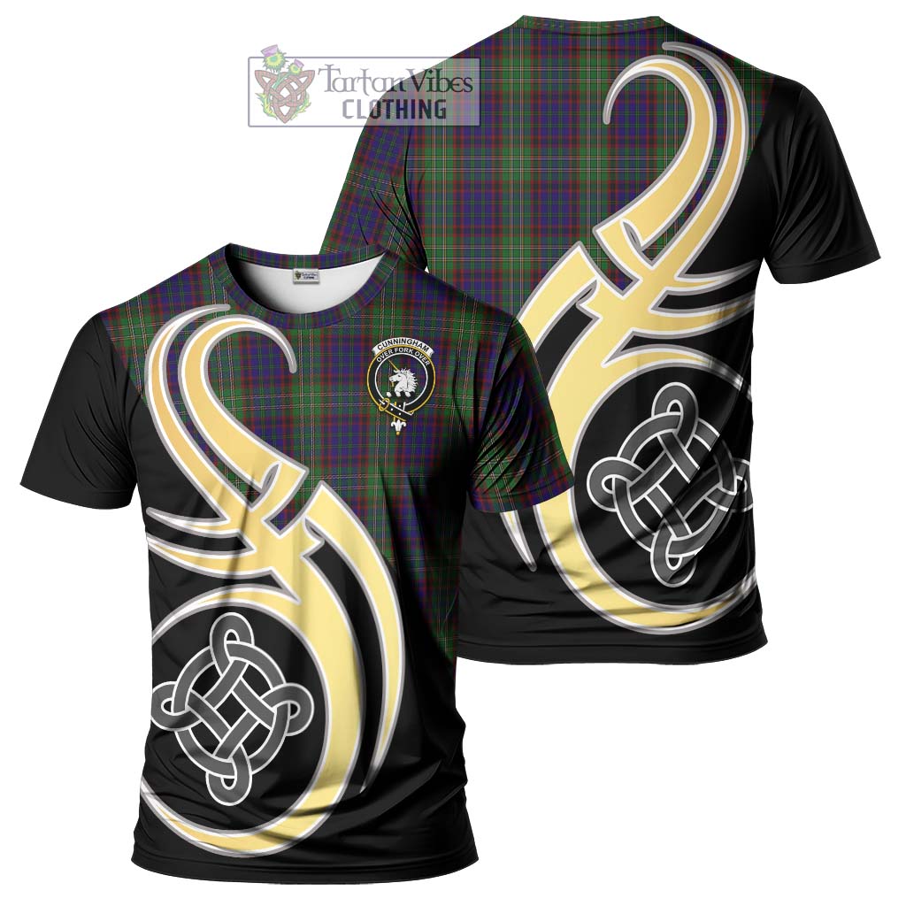 Tartan Vibes Clothing Cunningham Hunting Tartan T-Shirt with Family Crest and Celtic Symbol Style