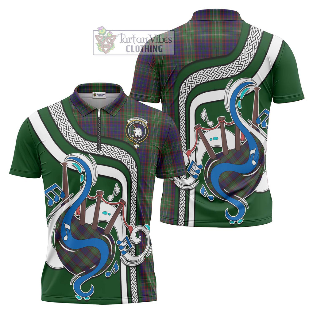 Cunningham Hunting Tartan Zipper Polo Shirt with Epic Bagpipe Style Unisex - Tartanvibesclothing Shop