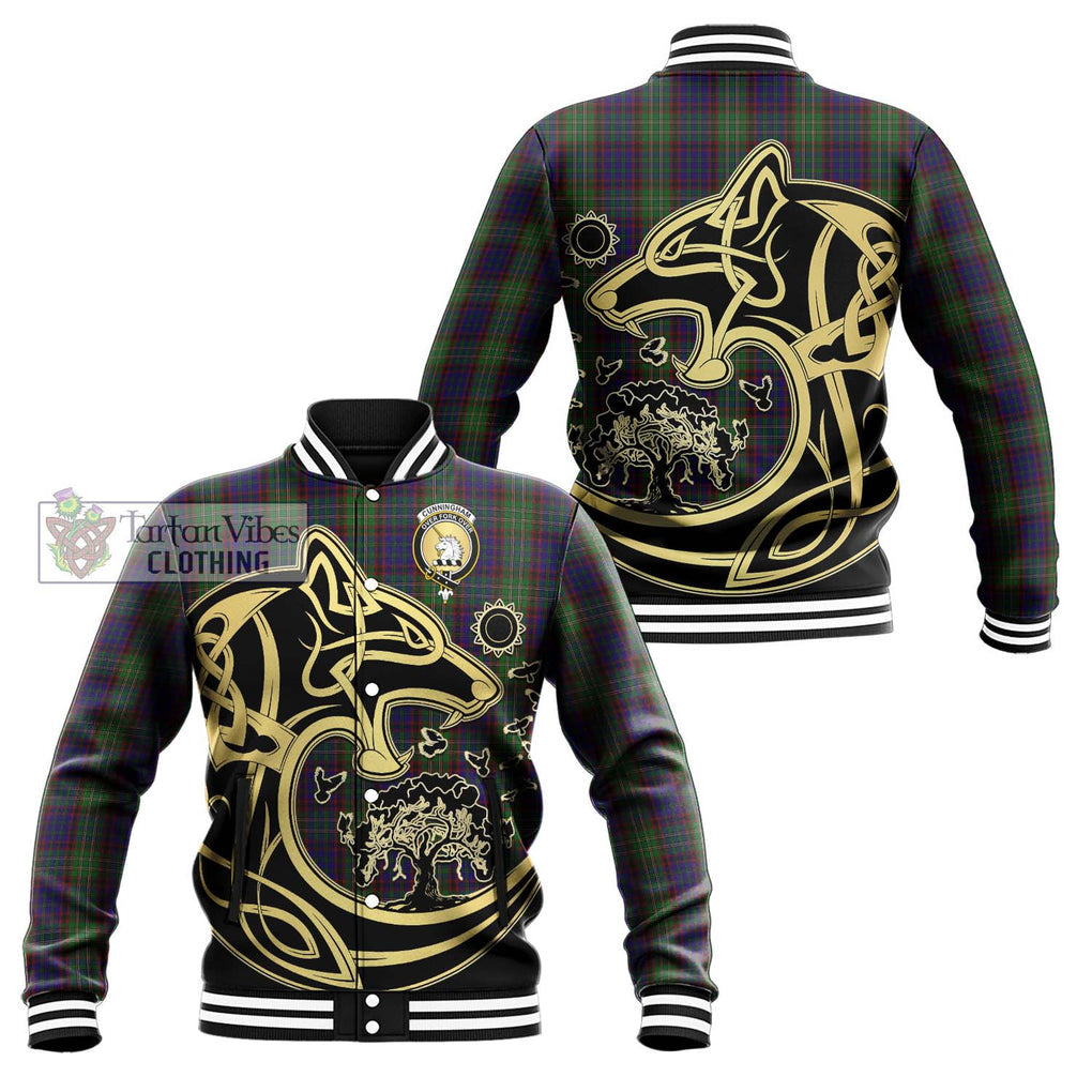 Cunningham Hunting Tartan Baseball Jacket with Family Crest Celtic Wolf Style Unisex - Tartan Vibes Clothing