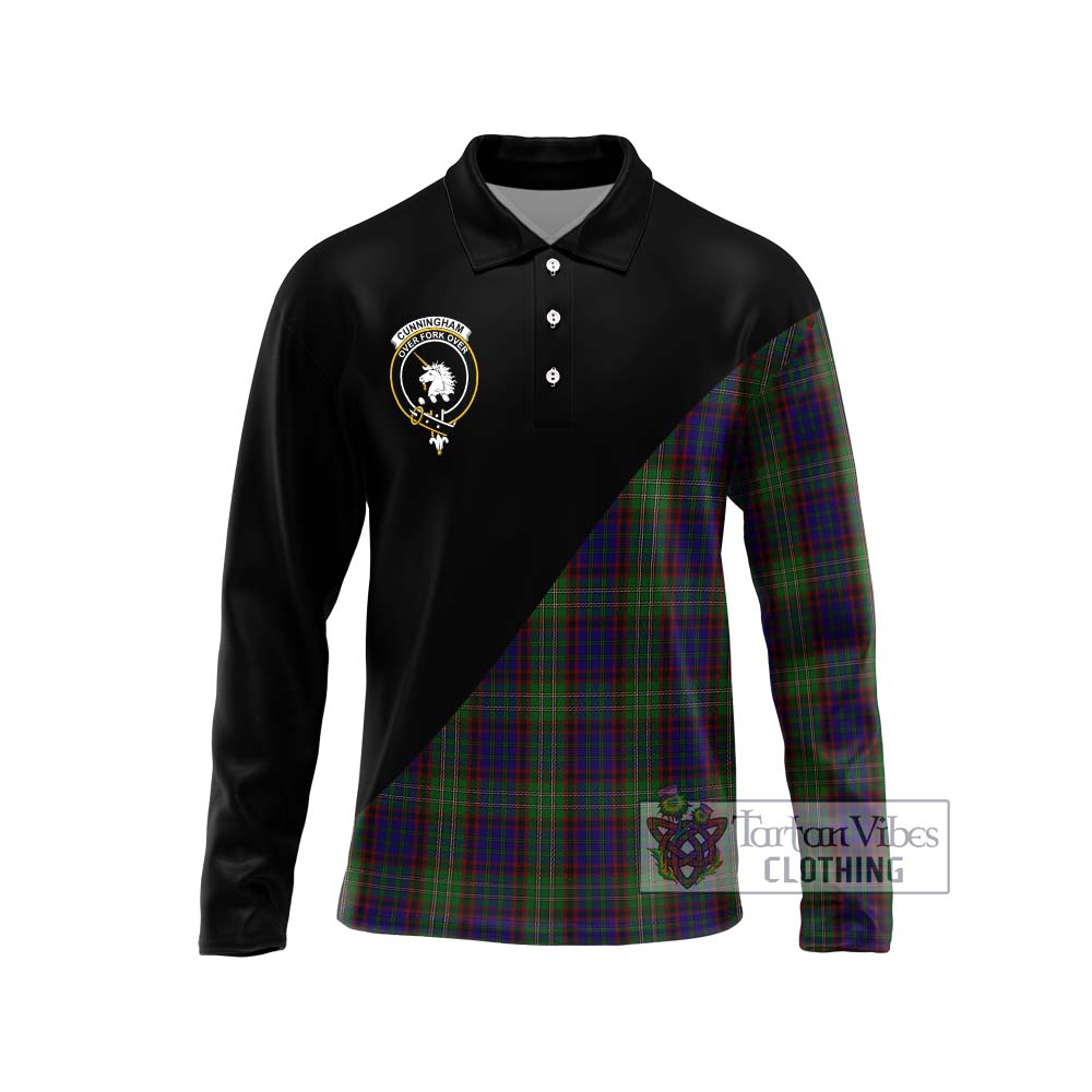 Cunningham Hunting Tartan Long Sleeve Polo Shirt with Family Crest and Military Logo Style Unisex - Tartanvibesclothing Shop